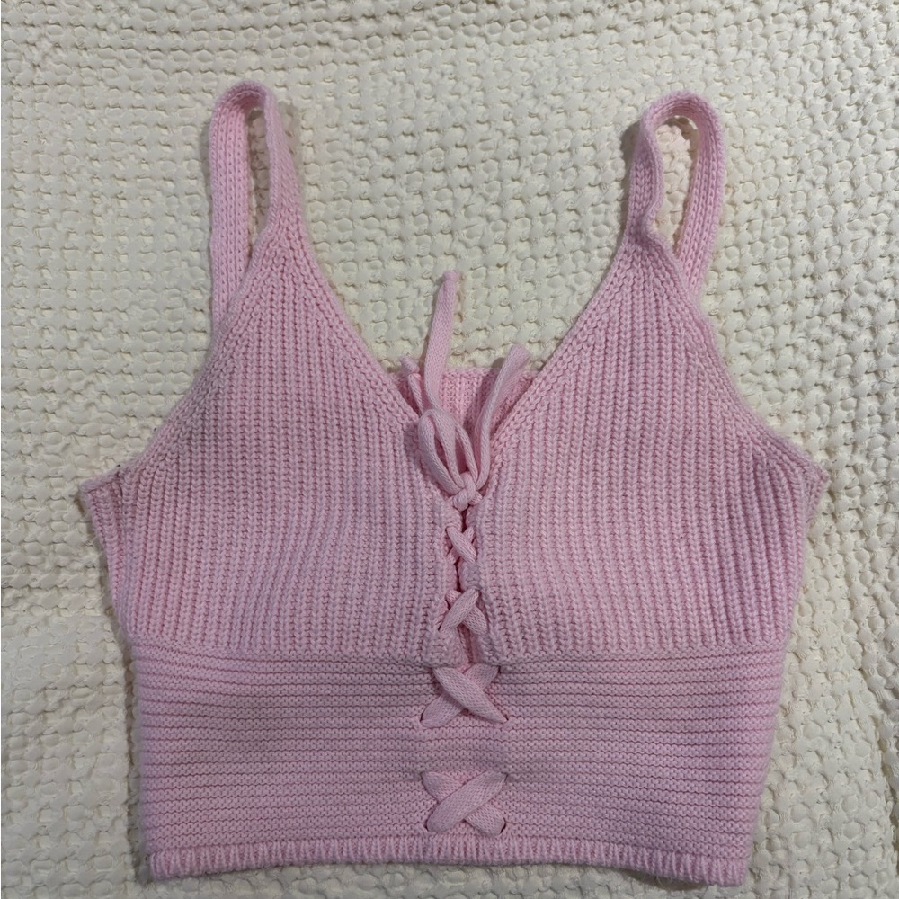 Chic Pink Lace-Up Knit Crop Top